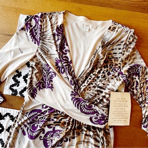 NEW Boston Proper Purple Cream Faux Wrap Dress 3/4 sleeves womens size 6 - Picture 3 of 11